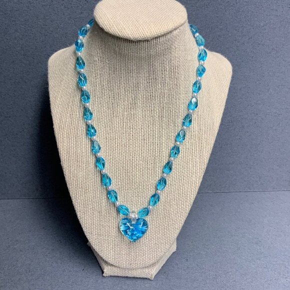 Glass Heart Pendant Necklace 18 In Pearl Turquoise Blue Silver Mermaid Flower - Picture 8 of 9